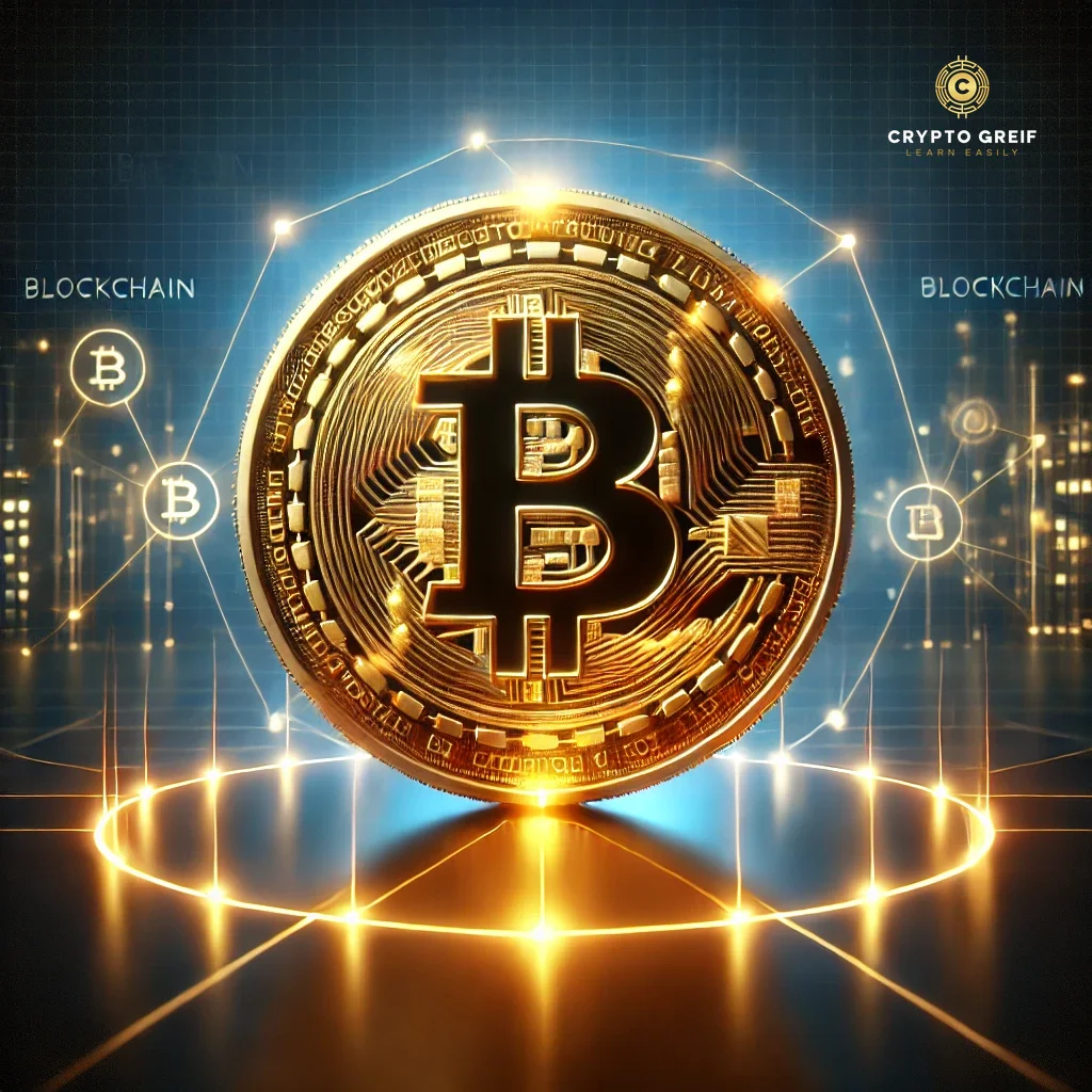 התמונה מציגה מטבע ביטקוין מוזהב זוהר במרכז, מוקף בחיבורים דיגיטליים המדמים את רשת הבלוקצ'יין. הרקע משדר תחושה עתידנית עם גווני כחול ושחור, המדגישים את הקידמה והחדשנות של הביטקוין. בפינה הימנית העליונה מופיע לוגו Crypto Greif, המשווה לתמונה מראה מקצועי ואחיד. התמונה משדרת תחושת ביטחון, מבוזרות וחופש כלכלי – הערכים המרכזיים של ביטקוין.