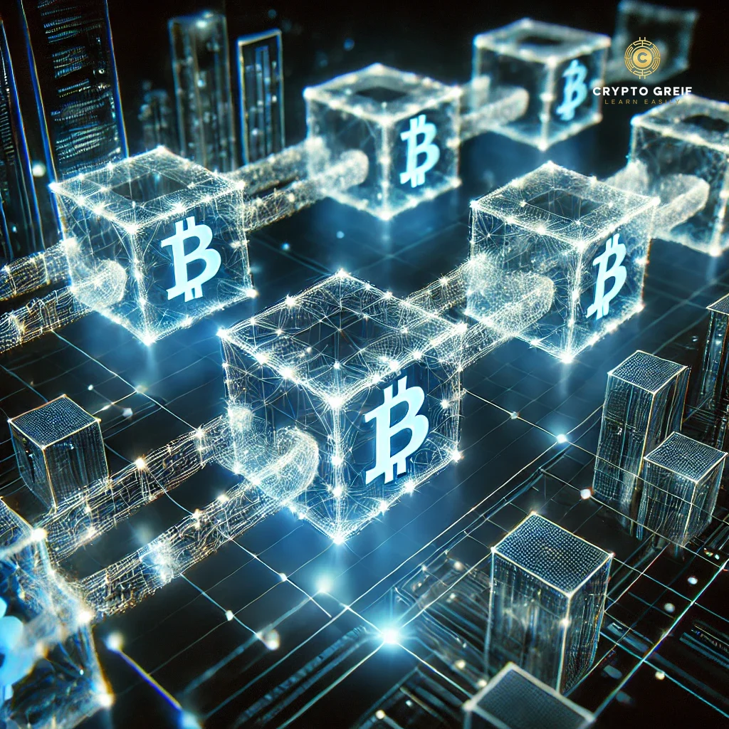 התמונה מציגה רשת בלוקצ'יין דיגיטלית עתידנית, שבה בלוקים מחוברים זה לזה בקווים זוהרים, המדמים את שרשרת האימות של העסקאות. הרקע כהה עם גווני כחול וניאון, המסמלים אבטחה, שקיפות וטכנולוגיה מתקדמת. בפינה הימנית העליונה משולב הלוגו של Crypto Greif, לשמירה על מיתוג אחיד. התמונה משדרת את המהפכה הדיגיטלית של הבלוקצ'יין וכיצד הוא משנה את הדרך שבה מידע וכסף מועברים בצורה בטוחה וללא תיווך.