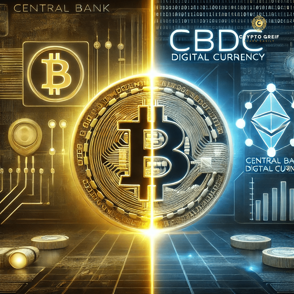 התמונה מציגה השוואה בין CBDC (מטבע דיגיטלי של הבנק המרכזי) לבין ביטקוין, המחולקת לשני חלקים. בצד אחד – ביטקוין מוזהב, המסמל ביזור וחירות פיננסית. בצד השני – מטבע CBDC דיגיטלי, המסמל שליטה ופיקוח ממשלתי. קו זוהר מחלק את התמונה לשניים, מדגיש את ההבדלים בין המערכות הפיננסיות. הרקע משלב אלמנטים טכנולוגיים וכספיים, עם גווני כחול וזהב, המסמלים התקדמות מול שליטה. בפינה הימנית העליונה משולב הלוגו של Crypto Greif, לשמירה על אחידות המיתוג. התמונה ממחישה את ההבדלים המרכזיים בין שני סוגי המטבעות ואת ההשלכות של כל אחד מהם על חופש כלכלי ופרטיות.