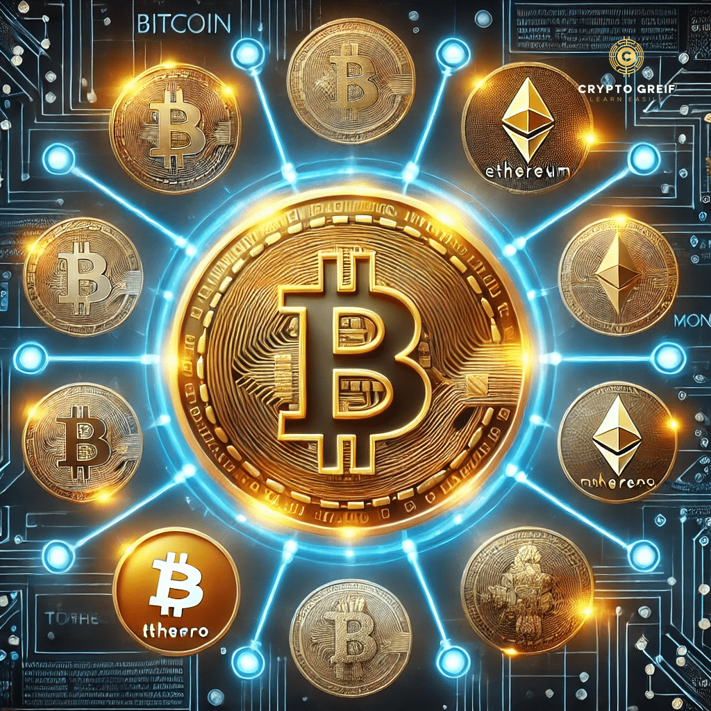 התמונה מציגה מטבע ביטקוין מוזהב במרכז, מוקף במגוון מטבעות קריפטוגרפיים אחרים כמו את'ריום, מונרו, טתר ודוג'קוין. חיבורים דיגיטליים זוהרים מחברים בין המטבעות, ומדגישים את הייחודיות של ביטקוין לעומת השאר. הרקע הכהה עם גווני כחול וטכנולוגיה דיגיטלית משדר תחושה של עוצמה, ביטחון ומבוזרות. בפינה הימנית העליונה משולב הלוגו של Crypto Greif, לשמירה על אחידות המיתוג. התמונה ממחישה את מעמדו הייחודי של ביטקוין לעומת יתר המטבעות הקריפטוגרפיים.