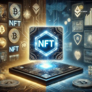 התמונה מציגה אסימון NFT דיגיטלי זוהר, צף על פלטפורמה טכנולוגית. צד אחד של התמונה מייצג את ההייפ והספקולציות סביב NFT, בעוד שהצד השני מציג יישומים אמיתיים כמו אימות בעלות דיגיטלית, פריטי גיימינג ונכסים וירטואליים. הרקע מעוצב בגווני כחול וזהב, המסמלים חדשנות והתפתחות טכנולוגית. בפינה הימנית העליונה משולב הלוגו של Crypto Greif, לשמירה על אחידות המיתוג. התמונה ממחישה את הדילמה בין האם NFT הוא מהפכה או בועה ספקולטיבית.