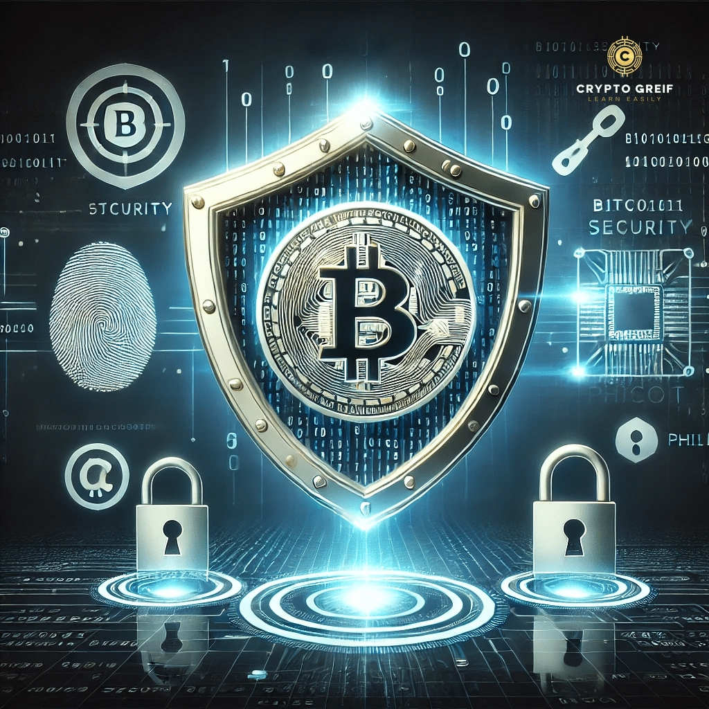 התמונה מציגה מגן דיגיטלי זוהר עם סמל הביטקוין במרכזו, המסמל הגנה על נכסי קריפטו. מסביב ניתן לראות אייקונים של אבטחת מידע, כגון מנעולים, סורקי טביעות אצבע והתראות מפני פישינג. הרקע הכחול-שחור מעניק תחושה של טכנולוגיה מתקדמת ושמירה על ביטחון פיננסי. בפינה הימנית העליונה משולב הלוגו של Crypto Greif, לשמירה על אחידות המיתוג. התמונה ממחישה את חשיבות אבטחת הקריפטו ומדגישה את האחריות האישית של המשתמשים בשמירת הכספים הדיגיטליים שלהם.