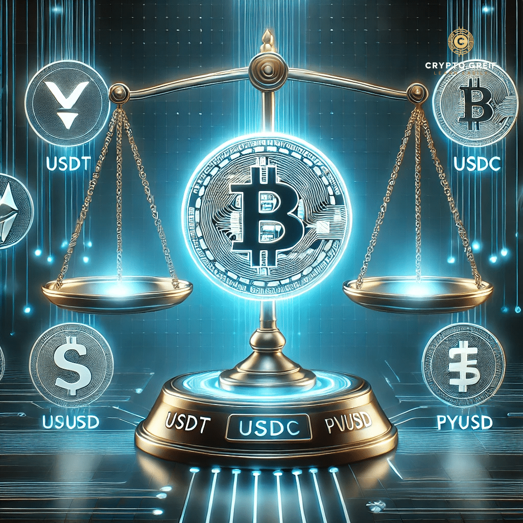התמונה מציגה מאזני צדק דיגיטליים עם מטבע קריפטו זוהר בצד אחד וסמל דולר בצד השני, המסמלים את היציבות של סטייבלקוינס. מסביב מופיעים סמלים של מטבעות סטייבלקוין נפוצים כמו USDT, USDC, PYUSD. הרקע טכנולוגי עם גווני כחול ושחור, המדגישים את האיזון בין עולם הקריפטו למטבעות הפיאט. בפינה הימנית העליונה משולב הלוגו של Crypto Greif, לשמירה על אחידות המיתוג. התמונה משדרת את החשיבות של סטייבלקוינס ככלי ליציבות פיננסית במשק הקריפטוגרפי.