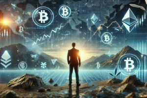 יועץ משקיעים מציג נתוני ביטקוין וגרף שוק דיגיטלי על מסך מחשב